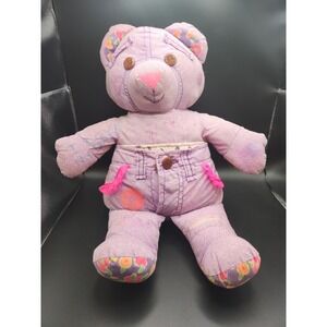 Vintage 1994 Tyco Doodle Bear Plush 16" Purple Denim Lavender Flowers 90s Toy